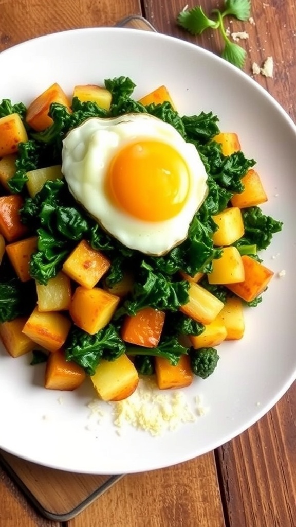 A colorful plate of kale hash with potatoes and a fried egg, garnished with Parmesan cheese on a rustic table.